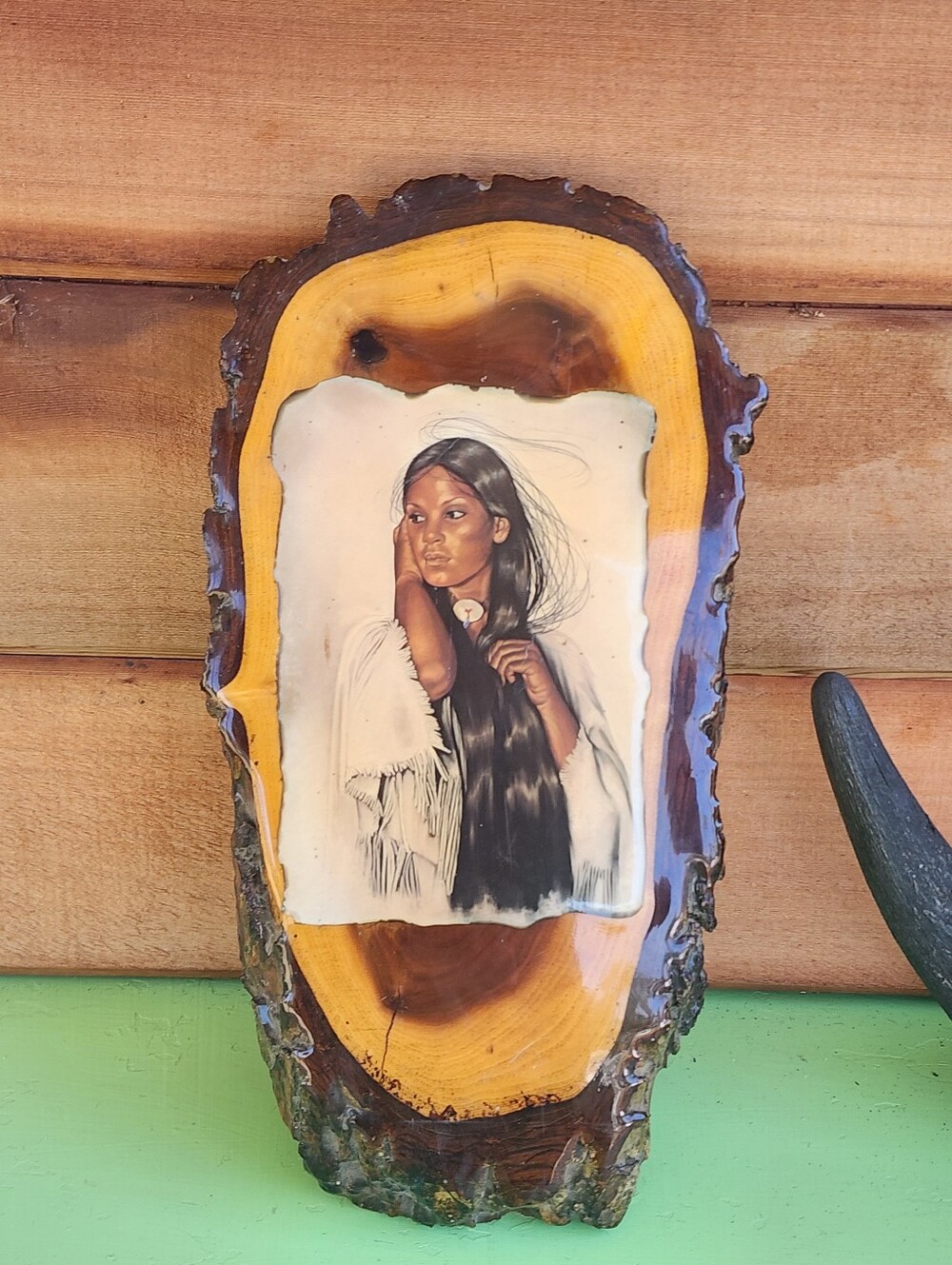 Vintage 1970s Native American Portrait Wood Slice Decoupage Plaque 13”x7”